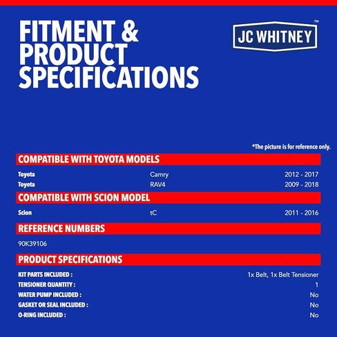 مجموعة حزام محرك سيربنتين من JC Whitney JFBAJCWTBK00089 - متوافقة مع Toyota RAV4 2009-2018، Camry 2012-2017، Scion tC 2011-2016 - 2.5L in Kuwait