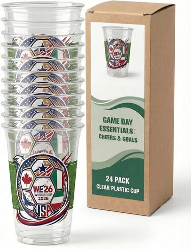 24 قطعة من أكواب كرة القدم 12oz أكواب بلاستيكية شفافة للاستعمال مرة واحدة، كأس موضوع بطولة العالم لكرة القدم 2026 - تصميم كرة قدم ثلاثي الأمة، لوازم الحفلات لديكورات يوم اللعبة، أكواب الاستاد in Kuwait