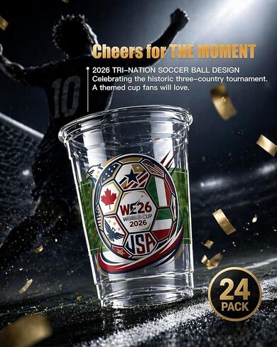 24 قطعة من أكواب كرة القدم 12oz أكواب بلاستيكية شفافة للاستعمال مرة واحدة، كأس موضوع بطولة العالم لكرة القدم 2026 - تصميم كرة قدم ثلاثي الأمة، لوازم الحفلات لديكورات يوم اللعبة، أكواب الاستاد in Kuwait