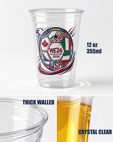 24 قطعة من أكواب كرة القدم 12oz أكواب بلاستيكية شفافة للاستعمال مرة واحدة، كأس موضوع بطولة العالم لكرة القدم 2026 - تصميم كرة قدم ثلاثي الأمة، لوازم الحفلات لديكورات يوم اللعبة، أكواب الاستاد in Kuwait