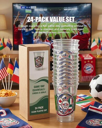 24 قطعة من أكواب كرة القدم 12oz أكواب بلاستيكية شفافة للاستعمال مرة واحدة، كأس موضوع بطولة العالم لكرة القدم 2026 - تصميم كرة قدم ثلاثي الأمة، لوازم الحفلات لديكورات يوم اللعبة، أكواب الاستاد in Kuwait