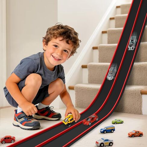 Flexible Race Track Toys for Kids, 15 Ft Flex Tracks Starter Set with Strong Suction Cups - Compatible with Hot Wheels and Diecast 1/64th Cars, Rolls up Portable Race Car Ramp Track (Red Black) in Kuwait