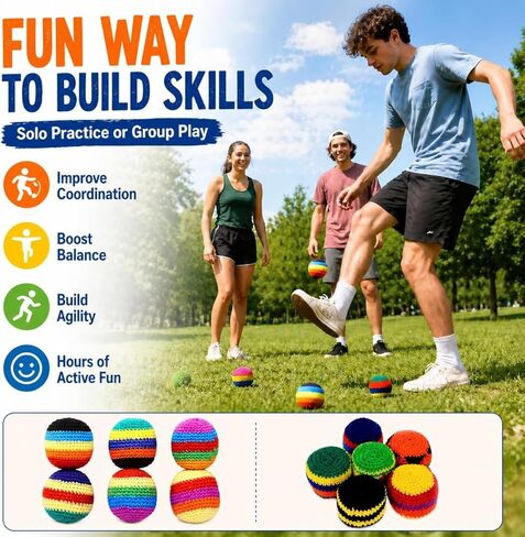 New Hand-Made Knitted Hacky Sack, Upgraded Assorted Foot Bag Crochet Hacky Sacks for Adults, Juggling Balls for Beginners, Multicolored Geometric Pattern, Ready-to-Use Hacky Sacks(6pcs) in Kuwait
