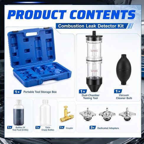 Sabary Combustion Leak Detector Kit with Dual-Chamber Head Gasket Leakage Tester Tool 8.5OZ CO2 Reaction Fluid Universal and Dedicated Adapters in Kuwait