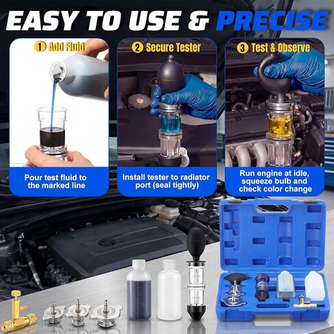 Sabary Combustion Leak Detector Kit with Dual-Chamber Head Gasket Leakage Tester Tool 8.5OZ CO2 Reaction Fluid Universal and Dedicated Adapters in Kuwait