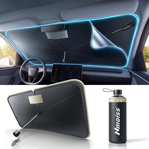 Nmoiss True Dual Layer Air Cooled Windshield Sun Shade Umbrella - [Drive to Superior Coolness & Comfort] Block 99% UV Sun Rays & Heat Damage Keep Cool and Protect Interior Medium in Kuwait