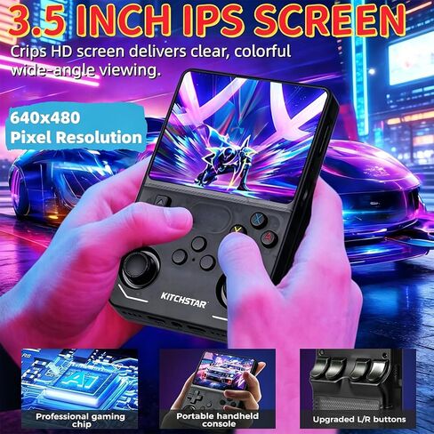 وحدة تحكم ألعاب محمولة باليد R36S، شاشة 3.5 بوصة 640 × 480 IPS، 64 جيجابايت مدمجة 15000+ لعبة كلاسيكية، وحدة تحكم ألعاب محمولة ببطارية 3500 مللي أمبير في الساعة مع نظام Linux مفتوح المصدر (أسود 64 جيجابايت) in Kuwait