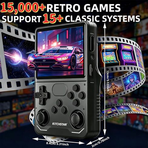 وحدة تحكم ألعاب محمولة باليد R36S، شاشة 3.5 بوصة 640 × 480 IPS، 64 جيجابايت مدمجة 15000+ لعبة كلاسيكية، وحدة تحكم ألعاب محمولة ببطارية 3500 مللي أمبير في الساعة مع نظام Linux مفتوح المصدر (أسود 64 جيجابايت) in Kuwait