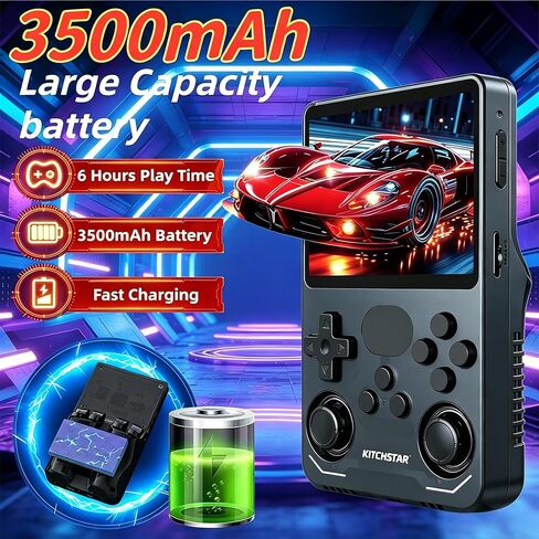 وحدة تحكم ألعاب محمولة باليد R36S، شاشة 3.5 بوصة 640 × 480 IPS، 64 جيجابايت مدمجة 15000+ لعبة كلاسيكية، وحدة تحكم ألعاب محمولة ببطارية 3500 مللي أمبير في الساعة مع نظام Linux مفتوح المصدر (أسود 64 جيجابايت) in Kuwait