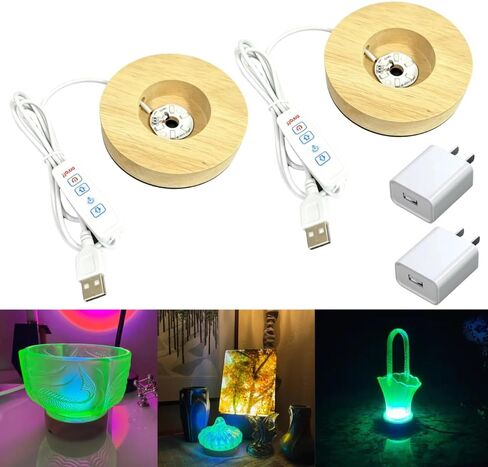 2pcs Wooden USB UV LED Blacklight Display Base, 395nm UV Light Stand for Uranium Glass, Glow Art & UV Reactive Items, Round Glow-in-the-Dark Lighting Base in Kuwait