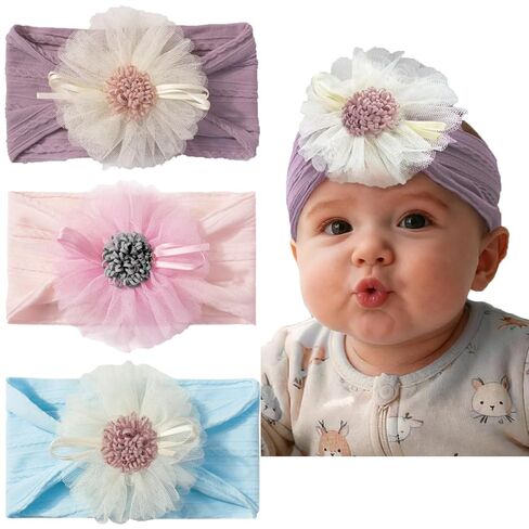 Baby Girls Sunflower Headbands, 3 Pack Baby Hairband Hair Bows Lace and Stretchy Elastic Accessory for Newborn Infants Toddlers (Burgundy+Yellow+White, One Size(Stretchy)) in Saudi Arabia