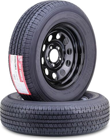 مجموعة عجلة إطارات المقطورة المجانية ST205/75R15 10 طبقات E 110M شديدة التحمل 2400 رطل مع 5 عروة على حافة PCD سوداء مقاس 4.5 بوصة، مجموعة 2 in Kuwait