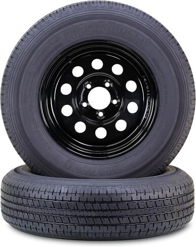 مجموعة عجلة إطارات المقطورة المجانية ST205/75R15 10 طبقات E 110M شديدة التحمل 2400 رطل مع 5 عروة على حافة PCD سوداء مقاس 4.5 بوصة، مجموعة 2 in Kuwait