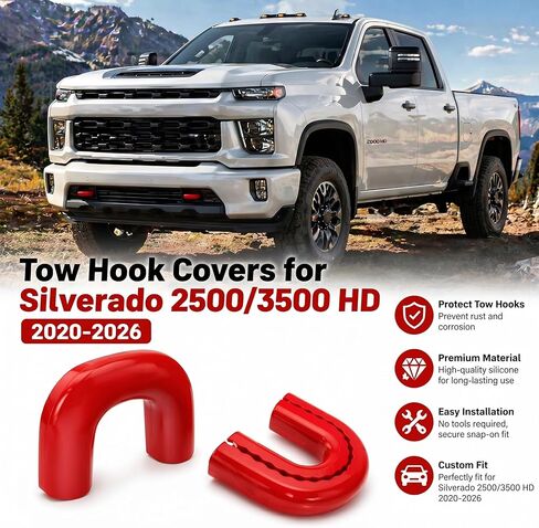 أغطية خطاف السحب لسيارة Chevy Silverado 2500/3500 HD 2020-2026، أغطية خطاف السحب الأمامي، أغطية سيليكون ملائمة تمامًا، تركيب بدون أدوات، ملحقات خارجية، أحمر، عبوتان in Kuwait