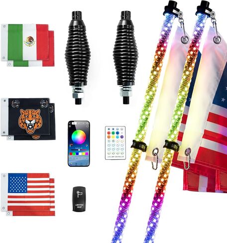 2 قطعة من مصابيح السوط بطول 4 أقدام مع قاعدة زنبركية، ضوء سوط LED مع تطبيق وجهاز تحكم عن بعد، سياط مضاء بموسيقى RGB مع مفتاح هزاز، سياط مضاء للمطاردة الحلزونية 360 درجة لـ UTV، ATV، RZR in Kuwait
