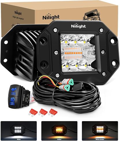 Nilight Flush Mount LED Light Pods 2PCS 42W Amber White 3 Lighting Modes Fog Lights Spot Flood Combo Beam with Dual Control 18AWG Wiring Harness for Truck Pickup Golf Cart UTV ATV SUV Boat 4x4 Car in Kuwait