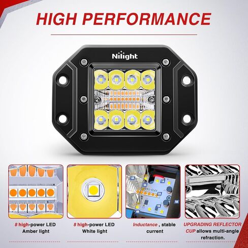 Nilight Flush Mount LED Light Pods 2PCS 42W Amber White 3 Lighting Modes Fog Lights Spot Flood Combo Beam with Dual Control 18AWG Wiring Harness for Truck Pickup Golf Cart UTV ATV SUV Boat 4x4 Car in Kuwait