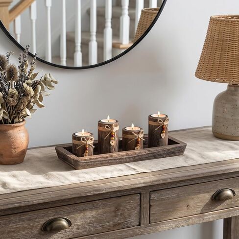 Farmhouse Coffee Table Decor Candle Holder - Romadedi Boho Wooden Tray with 4 Tealight Candles Holders for Tables Centerpiece Home Decorations Living Room Fireplace Kitchen in Saudi Arabia