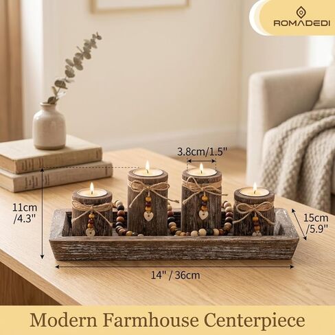 Farmhouse Coffee Table Decor Candle Holder - Romadedi Boho Wooden Tray with 4 Tealight Candles Holders for Tables Centerpiece Home Decorations Living Room Fireplace Kitchen in Saudi Arabia