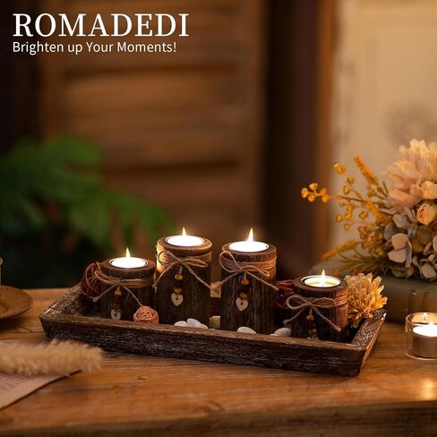 Farmhouse Coffee Table Decor Candle Holder - Romadedi Boho Wooden Tray with 4 Tealight Candles Holders for Tables Centerpiece Home Decorations Living Room Fireplace Kitchen in Saudi Arabia