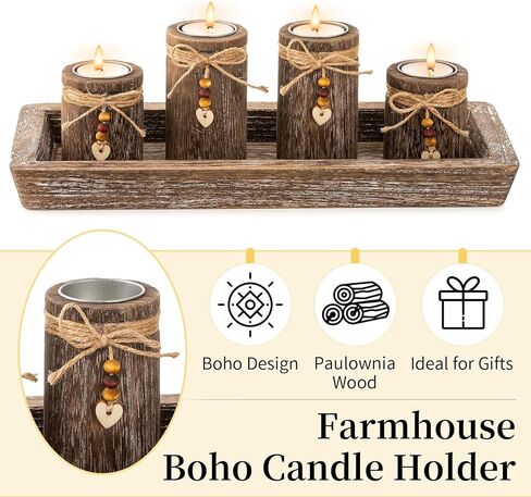Farmhouse Coffee Table Decor Candle Holder - Romadedi Boho Wooden Tray with 4 Tealight Candles Holders for Tables Centerpiece Home Decorations Living Room Fireplace Kitchen in Saudi Arabia