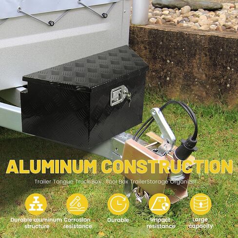 26 Inch Trailer Tongue Tool Box, 26"X13.3"X12" Aluminum Trailer Tool Box with Lock and 2 Keys, Heavy Duty Trailer Storage Box for Pickup Truck Bed, Black in Kuwait
