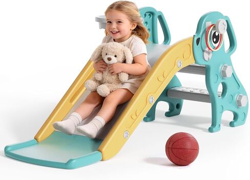 BIERUM 4 in 1 Toddler Slide, Kids Slide for Indoor Outdoor Playground, Slides with Basketball Hoop & Ring Toss, Puppy Shaped Playset for Toddlers Age 1-3, Green Yellow in Kuwait