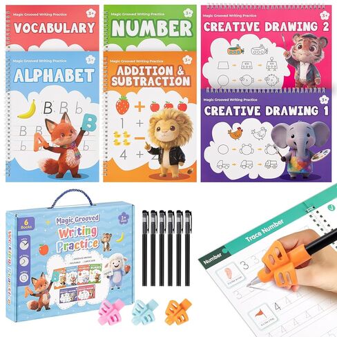 Magic Grooved Writing Practice Books, Reusable 3D Grooved Handwriting Practice for Kids Ages 3-5, Disappearing Ink Pens & Grips, Perfect Educational Gift in Kuwait