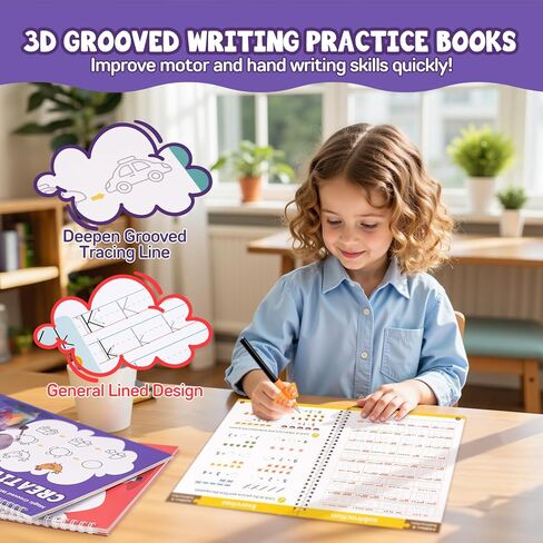 Magic Grooved Writing Practice Books, Reusable 3D Grooved Handwriting Practice for Kids Ages 3-5, Disappearing Ink Pens & Grips, Perfect Educational Gift in Kuwait