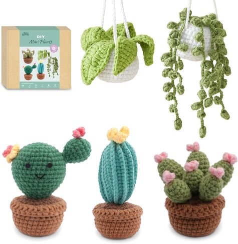 HOUSE CREATIVITY Crochet Plant Kit for Beginners – Mini Succulent & Cactus Garden (5 Plants), Amigurumi Crochet Starter Kit with Video Tutorial, Yarn & Pots, Cute Desk Decor DIY Craft Gift in Kuwait