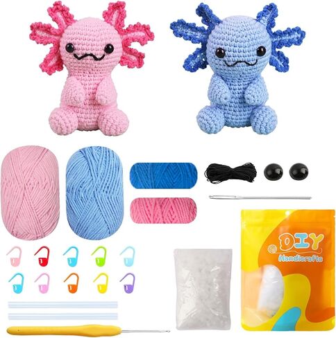 Milaflora 2Pack Axolotl Crochet Kit for Beginners Adults, DIY Crochet Animal Kit with Step-by-Step Video Tutorials, Crocheting Kits for Starters, Beginner Crochet Kit for Adults in Kuwait