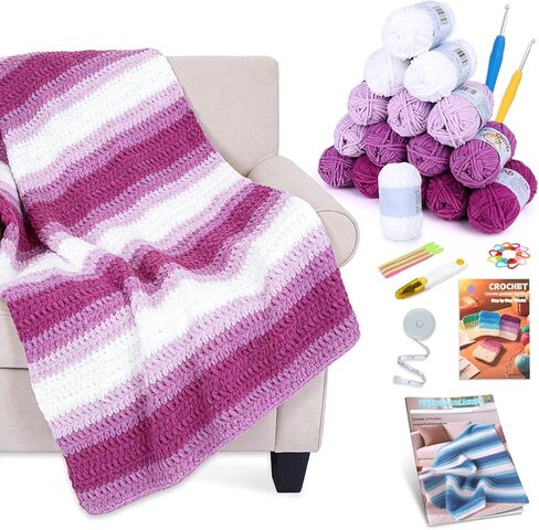 Reessy Crochet Blanket Kit for Beginners Adults – Gradient Green Ombre Throw Blanket Kit with Soft Chenille Yarn, Hooks & Instructions – Handmade Crochet Starter Set for Adults in Kuwait