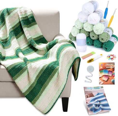 Reessy Crochet Blanket Kit for Beginners Adults – Gradient Green Ombre Throw Blanket Kit with Soft Chenille Yarn, Hooks & Instructions – Handmade Crochet Starter Set for Adults in Saudi Arabia