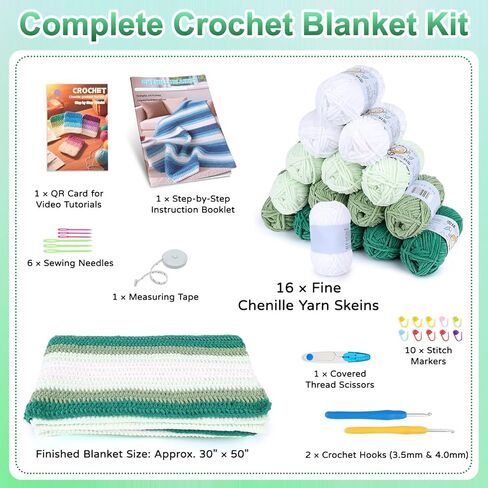 Reessy Crochet Blanket Kit for Beginners Adults – Gradient Green Ombre Throw Blanket Kit with Soft Chenille Yarn, Hooks & Instructions – Handmade Crochet Starter Set for Adults in Saudi Arabia
