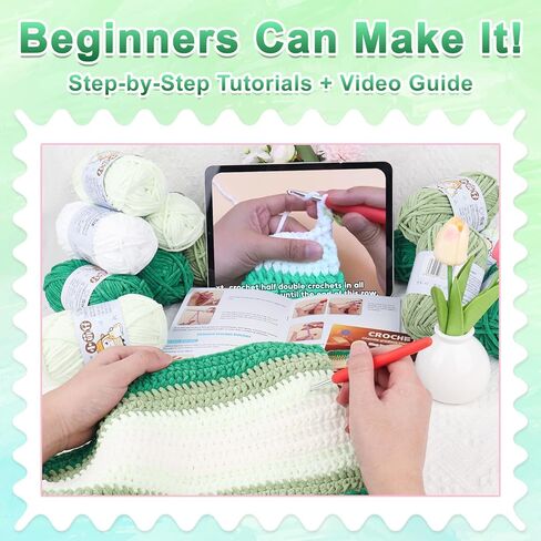 Reessy Crochet Blanket Kit for Beginners Adults – Gradient Green Ombre Throw Blanket Kit with Soft Chenille Yarn, Hooks & Instructions – Handmade Crochet Starter Set for Adults in Saudi Arabia