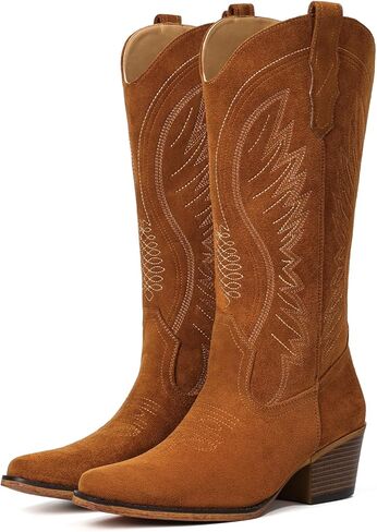 Suede Cowboy Boots for Women Mid-Calf Embroidery Cowgirl Boots Retro Snip Toe Western Boot with Chunky Heel Black and Brown Women Boot in Saudi Arabia