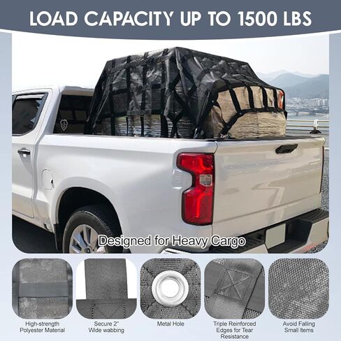 Heavy Duty Truck Cargo Net with Mesh, 72in x 57 in, 1300LBS Capacity, Adjustable Straps with Cam Buckles & S-Hooks for Trailer, Pickup, Jeep, SUV in Kuwait