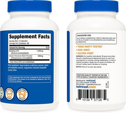 Nutricost Berberine HCI with Ceylon Cinnamon Capsules (120 Capsules, 60 Servings) - Non-GMO, Animal-Free Product in Saudi Arabia