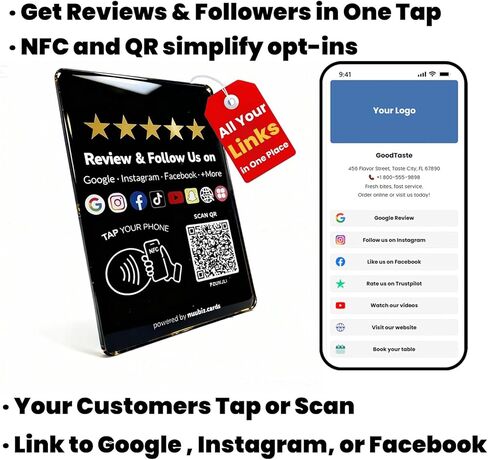 Review Tap Card Plate for Google with Social Media Sign for Instagram & Facebook – Multilink NFC Review & Follow Us QR Code Sign – Business Display with Stand & Adhesive – No App/Fees in Kuwait