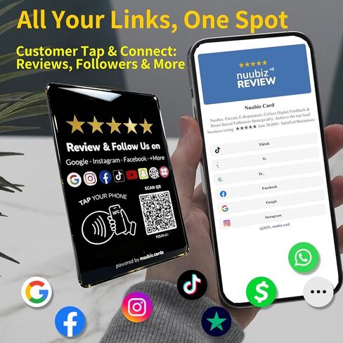 Review Tap Card Plate for Google with Social Media Sign for Instagram & Facebook – Multilink NFC Review & Follow Us QR Code Sign – Business Display with Stand & Adhesive – No App/Fees in Kuwait