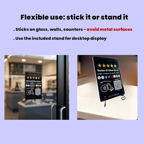 Review Tap Card Plate for Google with Social Media Sign for Instagram & Facebook – Multilink NFC Review & Follow Us QR Code Sign – Business Display with Stand & Adhesive – No App/Fees in Kuwait
