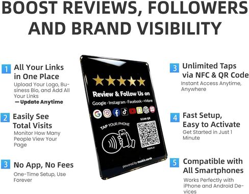 Review Tap Card Plate for Google with Social Media Sign for Instagram & Facebook – Multilink NFC Review & Follow Us QR Code Sign – Business Display with Stand & Adhesive – No App/Fees in Kuwait