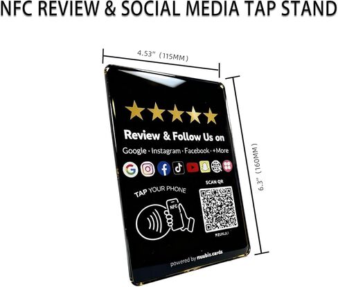 Review Tap Card Plate for Google with Social Media Sign for Instagram & Facebook – Multilink NFC Review & Follow Us QR Code Sign – Business Display with Stand & Adhesive – No App/Fees in Kuwait