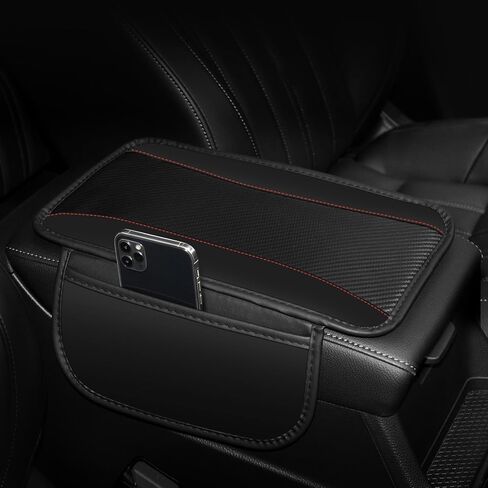 Hiseanllo Car Center Console Cover with Side Storage Pockets, Patchwork Leather Armrest Pad with Carbon Fiber Texture, Non-Slip Auto Armrest Cushion Protector for Most Cars, Vehicles, SUVs (Black) in Saudi Arabia