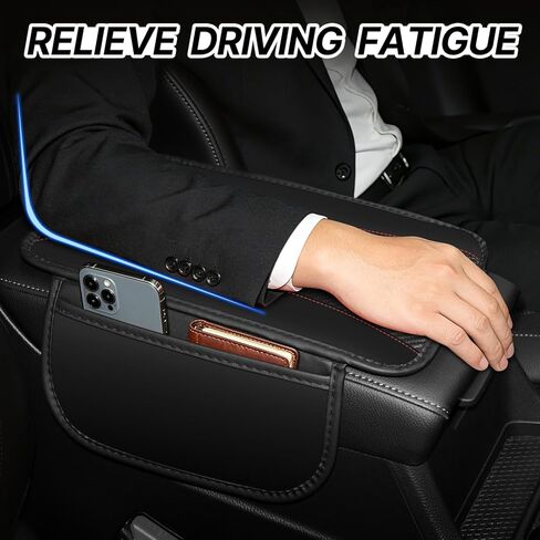 Hiseanllo Car Center Console Cover with Side Storage Pockets, Patchwork Leather Armrest Pad with Carbon Fiber Texture, Non-Slip Auto Armrest Cushion Protector for Most Cars, Vehicles, SUVs (Black) in Saudi Arabia