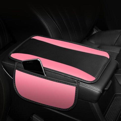Hiseanllo Car Center Console Cover with Side Storage Pockets, Patchwork Leather Armrest Pad with Carbon Fiber Texture, Non-Slip Auto Armrest Cushion Protector for Most Cars, Vehicles, SUVs (Black) in Saudi Arabia