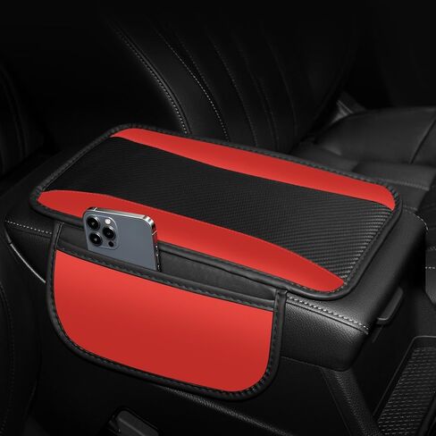 Hiseanllo Car Center Console Cover with Side Storage Pockets, Patchwork Leather Armrest Pad with Carbon Fiber Texture, Non-Slip Auto Armrest Cushion Protector for Most Cars, Vehicles, SUVs (Black) in Saudi Arabia