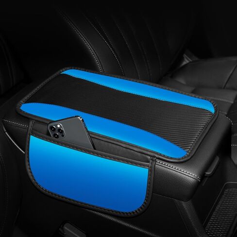 Hiseanllo Car Center Console Cover with Side Storage Pockets, Patchwork Leather Armrest Pad with Carbon Fiber Texture, Non-Slip Auto Armrest Cushion Protector for Most Cars, Vehicles, SUVs (Black) in Saudi Arabia
