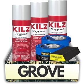 3x KILZ Spray Primer Paint أصلي أبيض مسطح أساسه زيتي / حزمة 13 أونصة مع 3x إسفنجة صنفرة ديابلو - تركيبة ممتازة لحجب البقع والختم والصنفرة - مجموعة هدايا (6 عناصر) in Kuwait