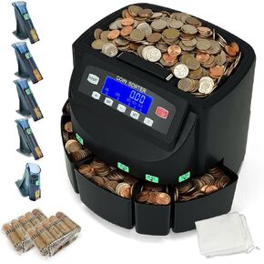 USD Coin Counter Machine with LCD Display,Coin Sorter and Wrapper Machine,Sorts 1￠5￠10￠25￠$1 up to 300 Coins/min,2000-coin Capacity,Business Grade,5 Bins&5 Tubes,Automatic Wrapper in Saudi Arabia